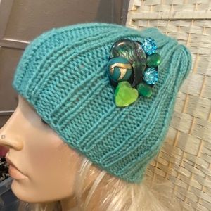 Beautiful, Aquamarine Hand Knitted Beanie Hat w/ Hand Crafted Accent